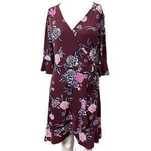 Candies Small Floral 3/4 Flutter Sleeve Faux Wrap Dress  V Neck Purple Plumb NWT